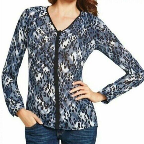 CAbi Cheetah Print Button Front Blouse Blue, Black and White - Picture 1 of 7